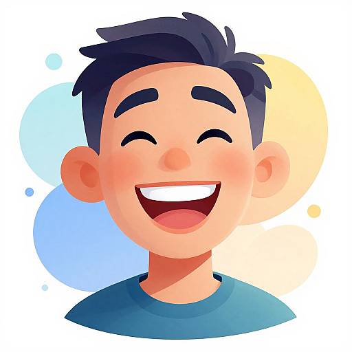 Digital cartoon of a smiling Asian boy with short black hair, closed eyes, and blue shirt, set against a colorful circular background.