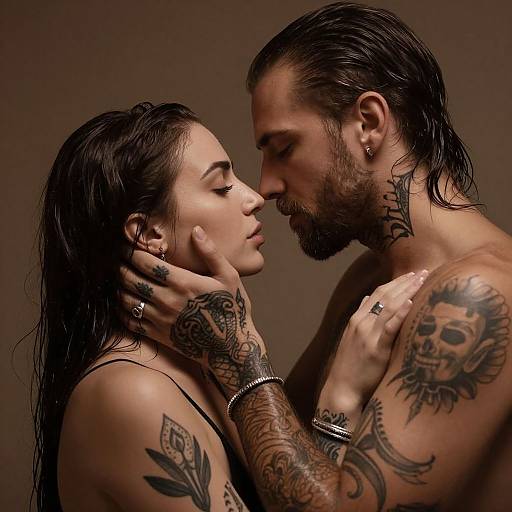 Tattooed couple in an intimate, close-up photograph, gazing into each other's eyes. Both have dark, wet hair, and multiple