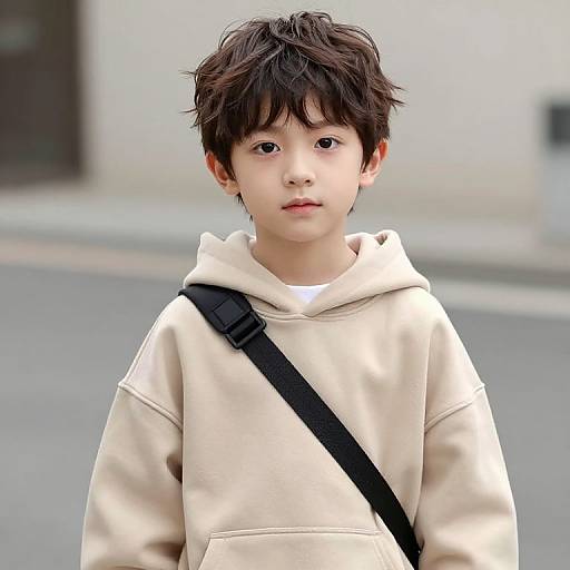 Boy in Beige Hoodie with Strap