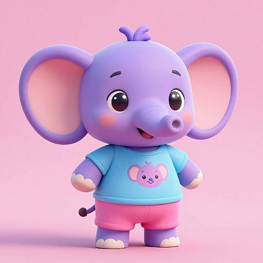 Cute, cartoon-style purple elephant with large ears, wearing blue shirt with elephant logo and pink shorts, against pink background. 3D CGI.