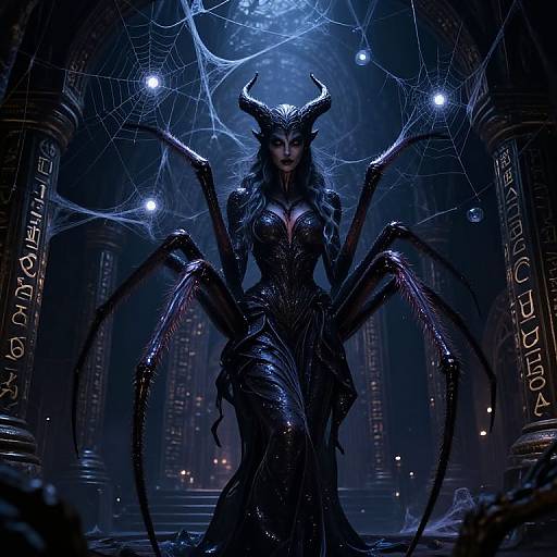 Digital art of a dark, demonic spider-woman with black horns, webbed arms, and long, sharp claws, standing in a mysterious, blue