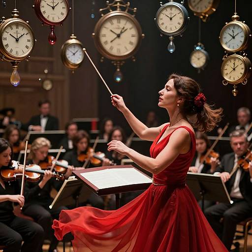 Photograph of a female conductor in a flowing red dress, leading an orchestra with numerous hanging clocks in the background.