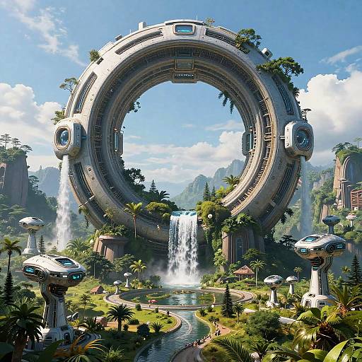 Digital artwork of a futuristic, circular transport hub with floating cars, lush greenery, waterfalls, and mountains in the background. Bright, sunny sky