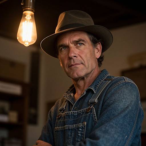 Photograph of a middle-aged white man with blue eyes, wearing a brown hat and denim overalls, under a glowing vintage light bulb in a dim