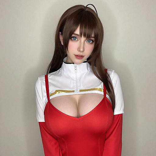 CGI image of an anime-style woman with long brown hair, blue eyes, and large breasts, wearing a red and white zip-up top with a