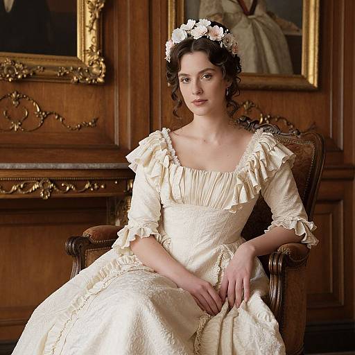 Photograph of a fair-skinned woman with curly brown hair, wearing a cream, ruffled Victorian-style dress and flower crown, seated in an orn