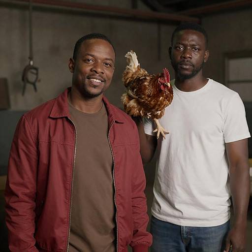 Men in Warehouse: Smiles and Seriousness