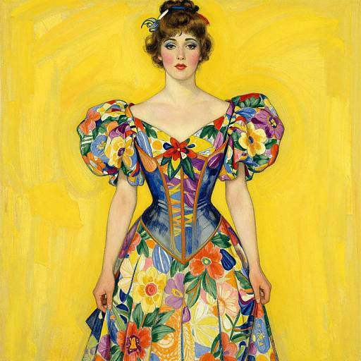 Digital painting of a fair-skinned woman with brown hair in an updo, wearing a colorful, floral-patterned, puffed-sleeve dress