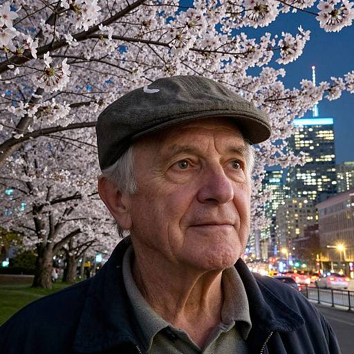 Photograph of an elderly white man with gray hair, wearing a flat cap and dark jacket, standing under blooming cherry blossoms with city lights and