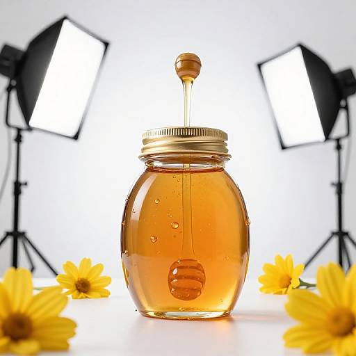Photograph of a jar of honey with a golden lid, surrounded by sunflowers, and two bright studio lights in the background.