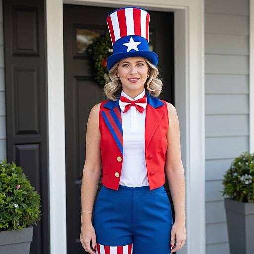 Photograph of a smiling blonde woman in a patriotic costume, featuring a red, white, and blue top hat, vest, bowtie, and pants