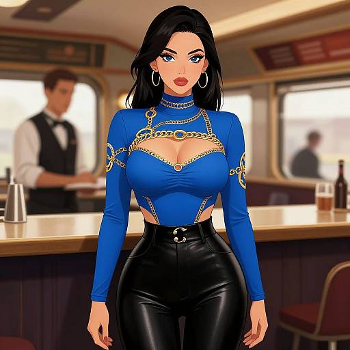 Digital art of a curvy woman with black hair, blue lace-up top, black leather pants, and hoop earrings, standing in a bar. Bl