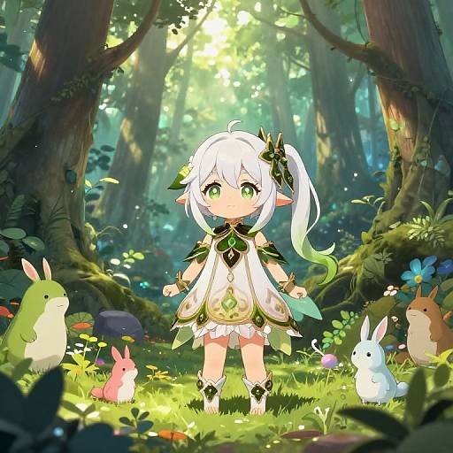 Digital anime-style illustration: Adorable white-haired child with green eyes in forest, surrounded by colorful bunnies, sunlight filtering through trees.