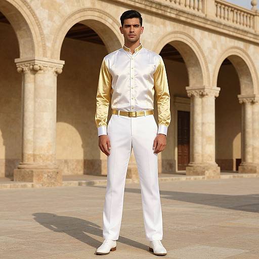Photorealistic CGI of a handsome man with short black hair, wearing a white shirt with gold sleeves and white pants, standing in front of a sun