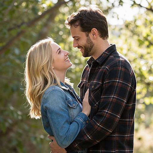 Photograph of a smiling blonde woman in a denim jacket, held by a bearded man in a plaid shirt, gazing at each other loving