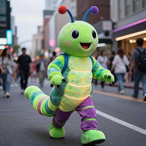 Photograph of a colorful, green, insect-like costume character with black eyes, purple pants, and blue antennae, walking on a busy city street