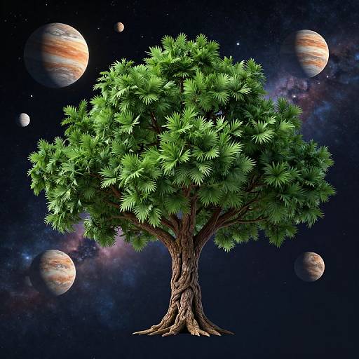 Digital art of a lush green tree with a twisted trunk floating in a starry galaxy, surrounded by colorful planets.