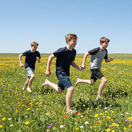 Photograph of three young boys running through a vibrant, sunlit meadow filled with colorful wildflowers, under a clear blue sky.