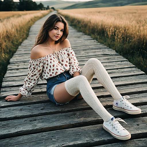 Young woman lounging on wooden boardwalk in casual summer outfit