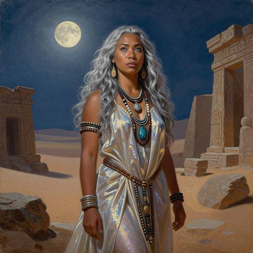 Digital artwork of a silver-haired Black woman in a shimmering, metallic dress, adorned with jewelry, standing in a moonlit desert with ancient ruins.