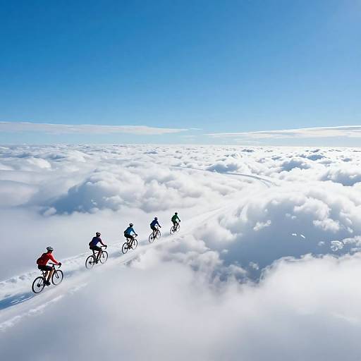 Photograph of five cyclists in colorful jerseys riding through a bright blue sky filled with fluffy white clouds. They appear to be flying above the clouds, creating