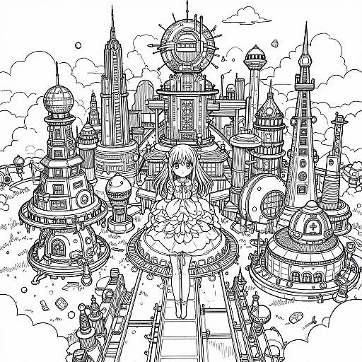 Black-and-white line drawing of a detailed, fantasy cityscape with intricate buildings, clock towers, and characters in elaborate costumes, surrounded by clouds.