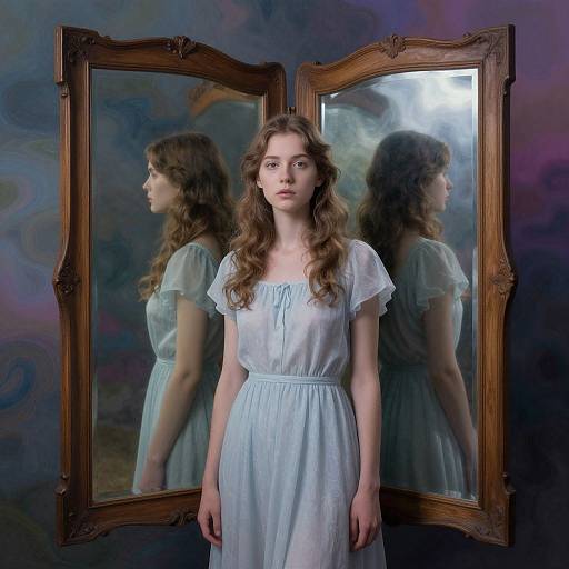 Photograph of a young woman with wavy brown hair, wearing a light blue, sheer dress, standing in front of two ornate mirrors reflecting her