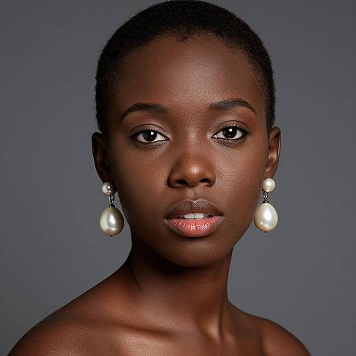 Photograph of a dark-skinned woman with short hair, wearing pearl drop earrings, against a solid gray background, looking directly at the camera.