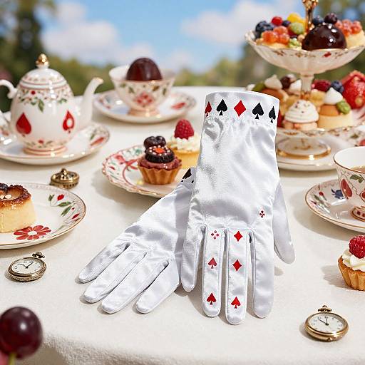 Photograph: White gloved hands with playing card suits (Aces) on a teacart, surrounded by cupcakes, fruit, teapot,