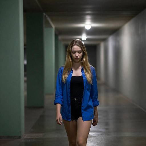 Somber Woman in Dimly Lit Hallway