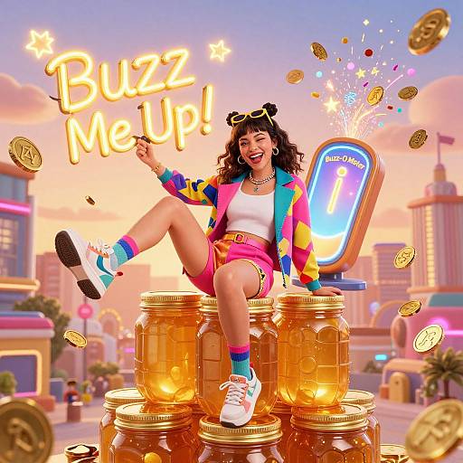 Digital illustration of a smiling woman with curly black hair, pink shorts, colorful jacket, and white sneakers, sitting on gold coins, with 