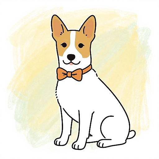 Digital illustration of a white and orange corgi with black eyes, wearing an orange bowtie, sitting against a pale yellow gradient background.