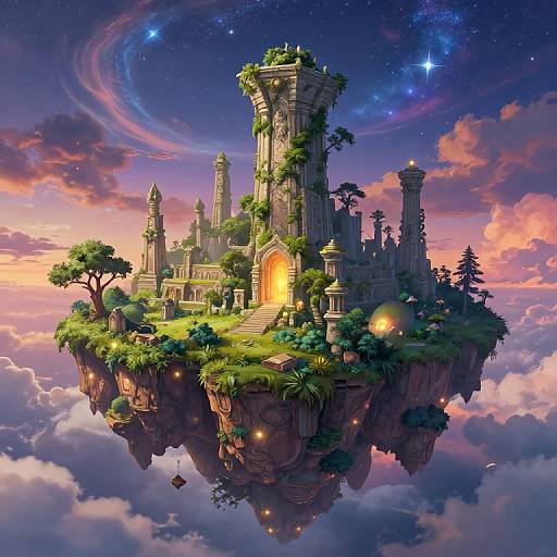 Fantastical floating castle with towering stone spires, lush greenery, and a glowing arched entrance, set against a vibrant, starry sky