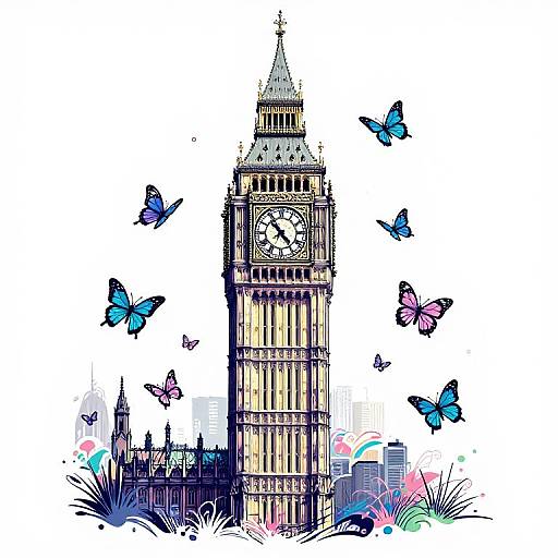 Big Ben with Colorful Butterflies Graffiti Art