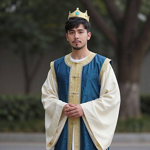 Photograph of a young man with short black hair, beard, wearing a golden crown, blue and gold medieval-style robe, and white sleeves, standing