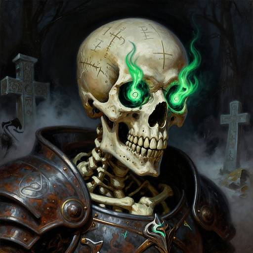 Digital painting of a glowing green-eyed, scarred skull in dark armor, surrounded by fog and eerie, ancient stone crosses.