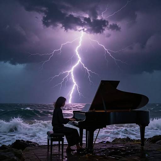 Silhouetted woman playing piano at rocky shore during stormy night with bright lightning bolt and dark clouds, ocean waves crashing.