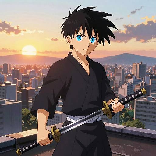 Anime-style drawing of a black-haired, blue-eyed young man in a black kimono, holding two katana swords, standing on a rooftop at sunset