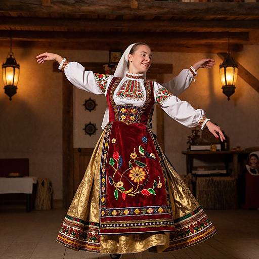 Photograph of a smiling woman in a colorful, embroidered traditional Eastern European dress, dancing in a warmly lit, wooden-beamed room.