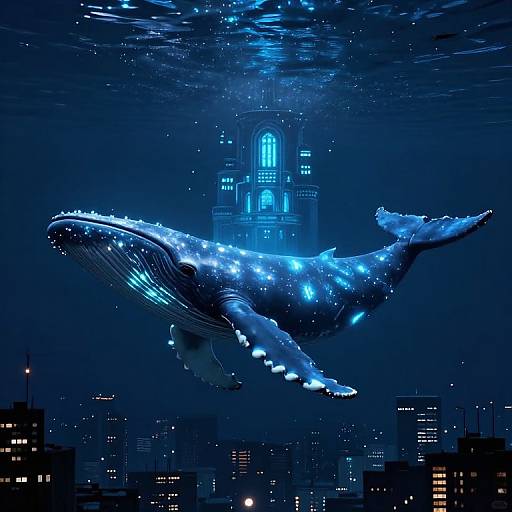 Digital artwork of a glowing blue whale swimming beneath a futuristic cathedral, surrounded by a dark cityscape with illuminated buildings.