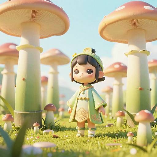 Photorealistic CGI of a cute Asian doll with black hair, green hat, and white-green outfit standing in a sunny field of giant mushrooms.