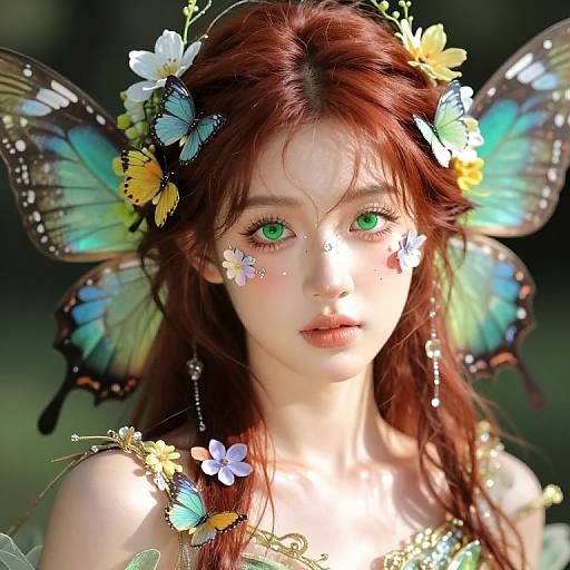 Digital artwork of a fair-skinned, green-eyed fairy with red hair, adorned with butterflies, flowers, and wings, set against a sunlit forest