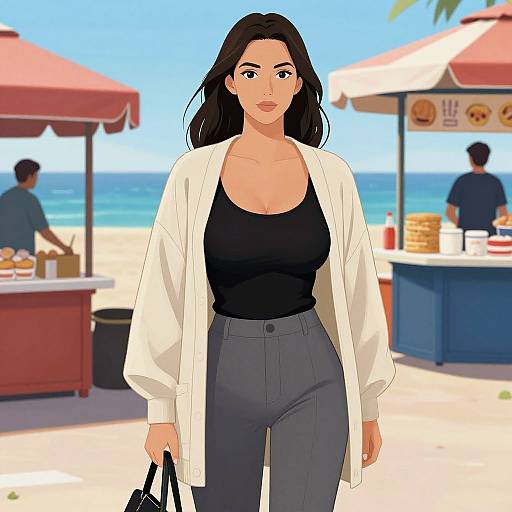 Digital anime-style drawing of a confident woman with long black hair, wearing a black tank top, white cardigan, and gray pants, standing at a