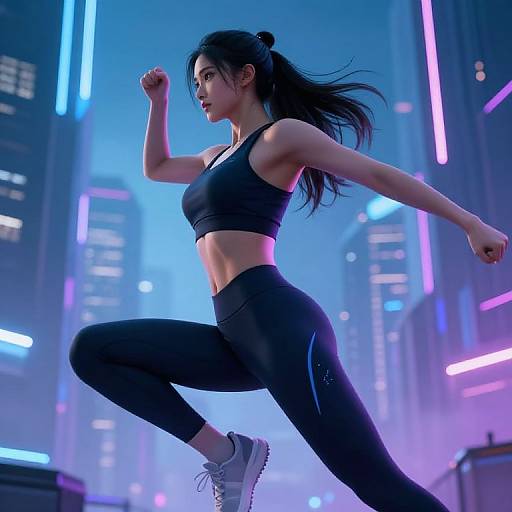 Digital artwork of an athletic Asian woman with long black hair in a bun, wearing a black sports bra and leggings, running in a futuristic neon-lit