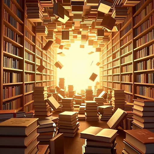 Photograph of a sunlit library with books flying through the air, stacked on shelves, and scattered on the wooden floor. Warm, golden light creates