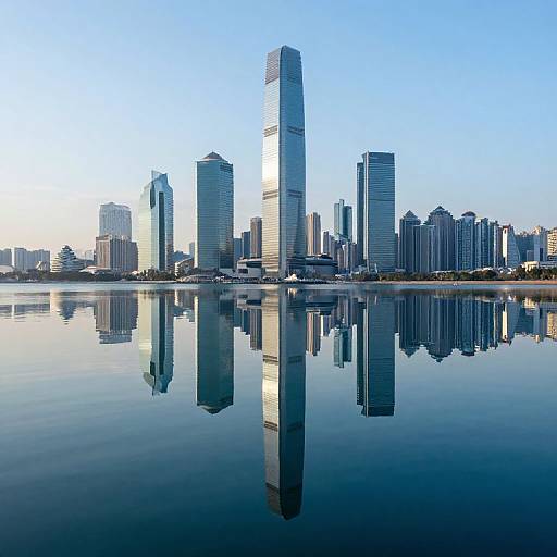 Photograph of a modern city skyline reflected in calm water, featuring tall, glass skyscrapers against a clear blue sky.