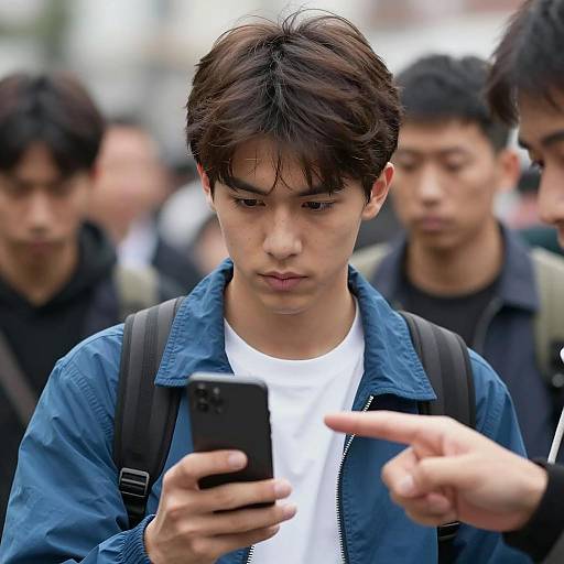 Young Man Using Smartphone in Crowded Outdoor Setting