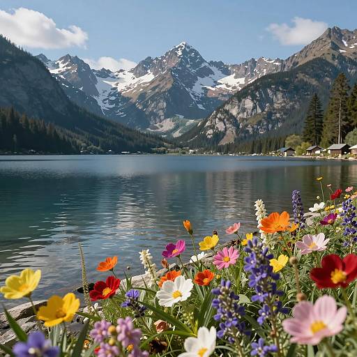 Calm Alpine Lake with Colorful Wildflowers