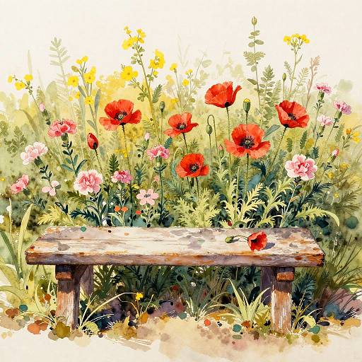 Old Wooden Bench in Wildflower Meadow