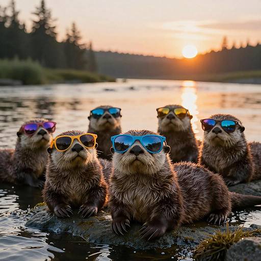 Otters Chilling with Colorful Sunglasses